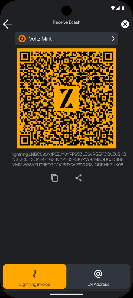 Zeus Cashu receive interface.